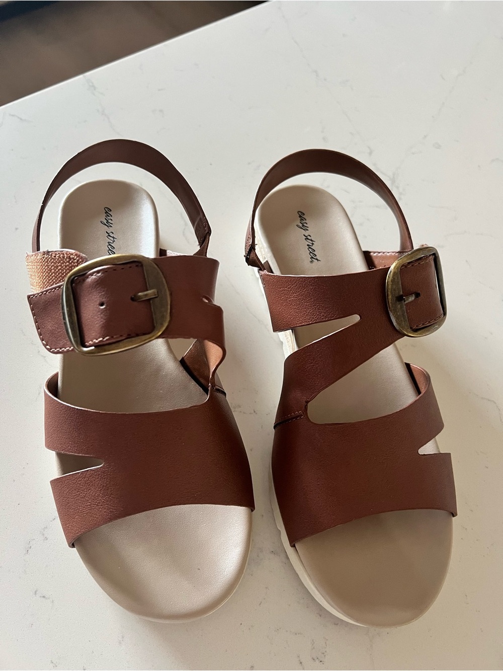 easy street Brown Leather Buckle Strap Sandals